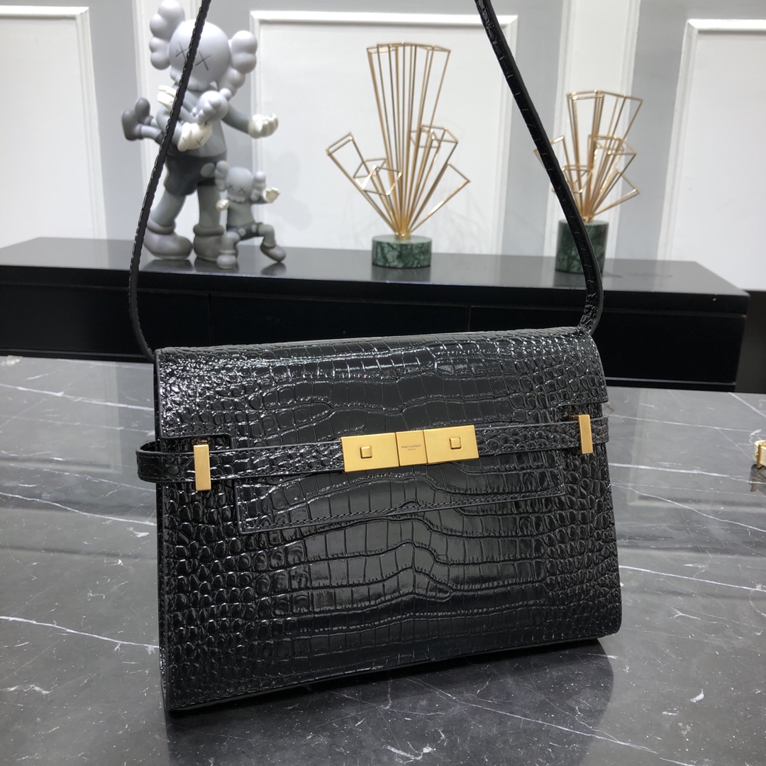 Saint Laurent Small Manhattan Box Crocodile Embossed Calfskin Shoulder Bag Black 675626 